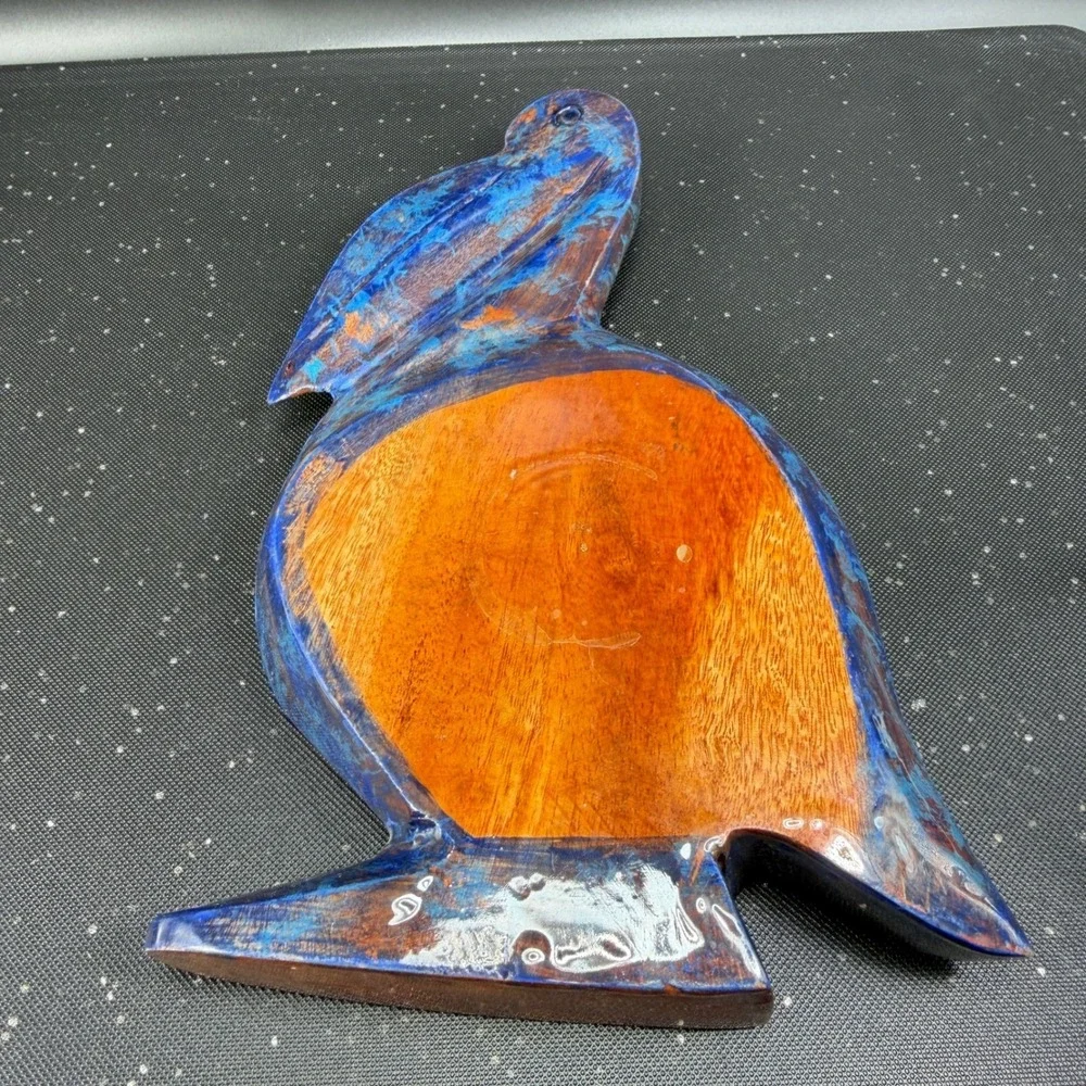 Vintage Hand Painted Wooden Pelican Bowl Floral Folk‎ Art Blue Decorative Dish